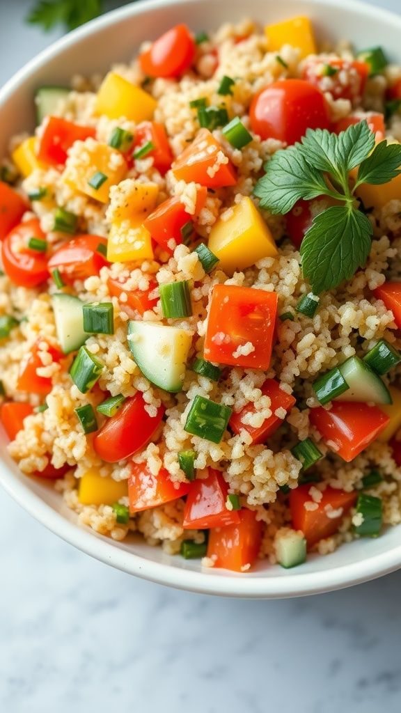 A colorful quinoa salad with fresh vegetables and herbs in a bowl.